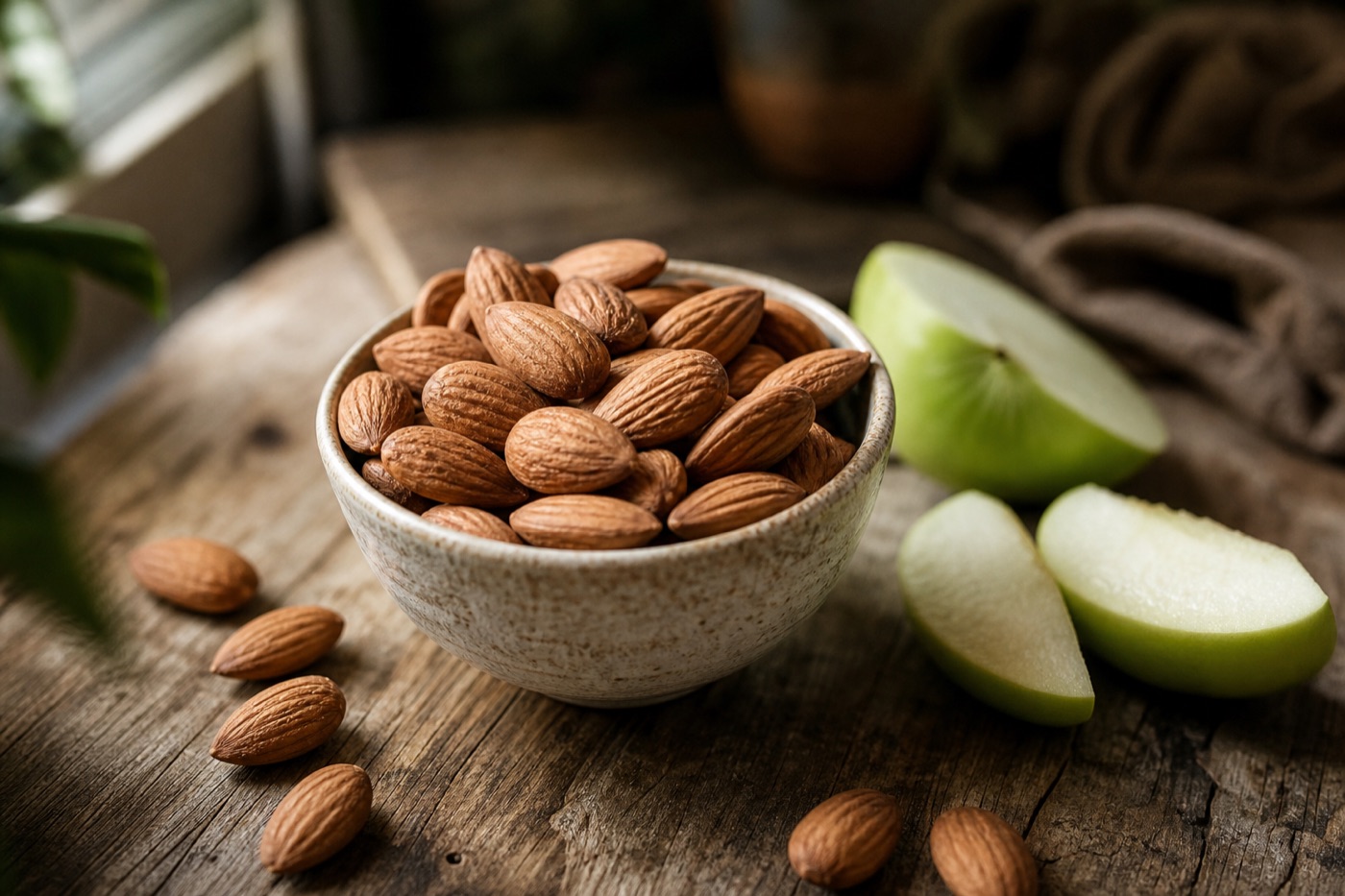 A small ceramic bowl of whole raw almonds on a wooden table, with a few scattered almonds and a sliced green apple beside it