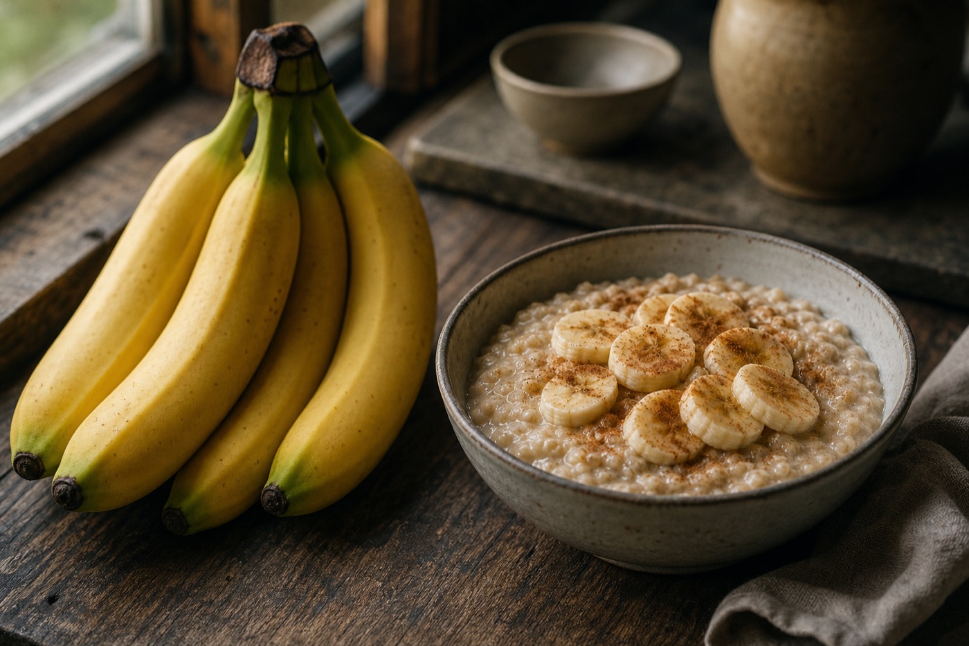 A bunch of yellow bananas with a few still slightly green at the tips, next to a sliced banana in a bowl of oatmeal sprinkled with cinnamon