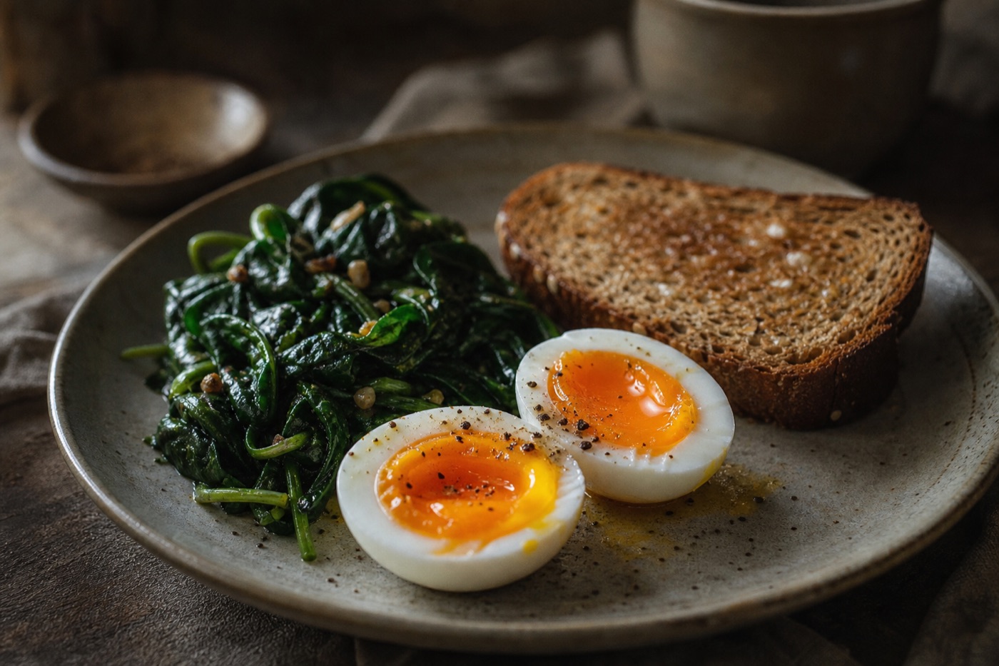 Two soft-boiled eggs halved on a ceramic plate with bright orange yolks, sautéed spinach and a slice of whole-grain toast