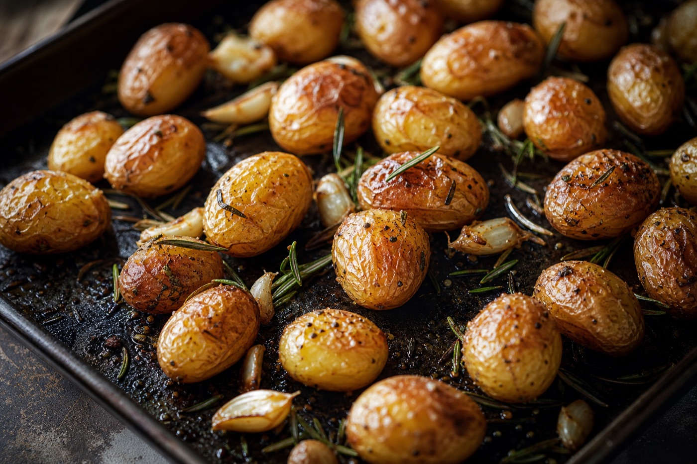 Golden roasted baby potatoes with crisp skins tossed with rosemary and garlic on a dark sheet pan