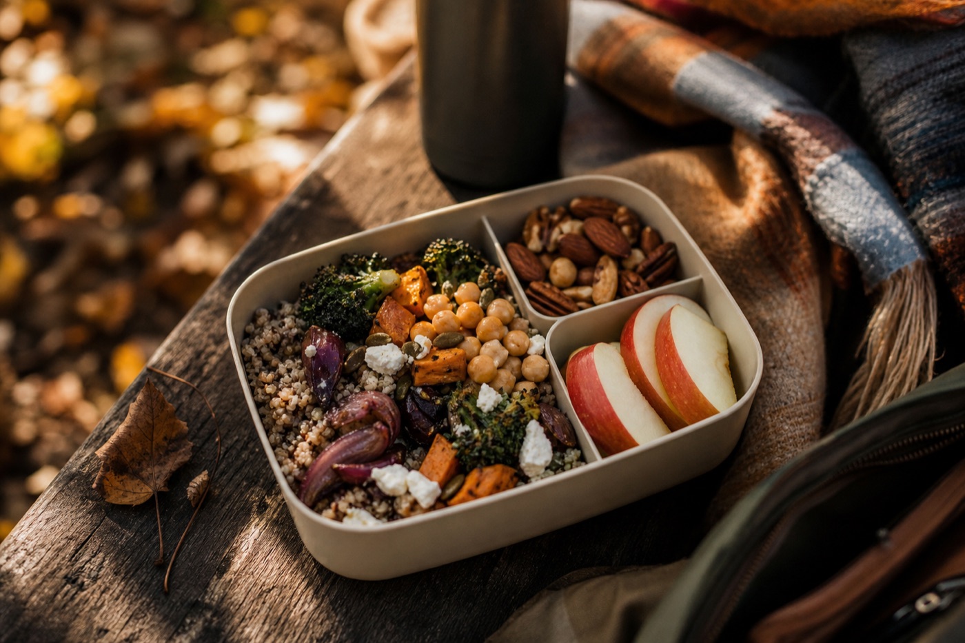 A packed lunch of a grain bowl, sliced apple and a handful of nuts on a park bench in autumn light