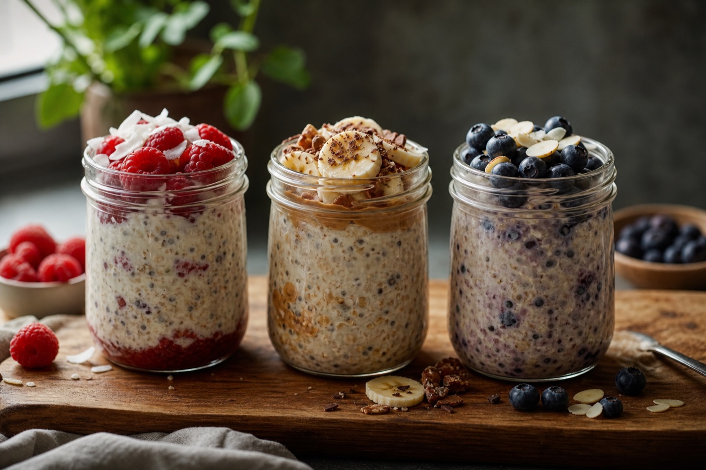 Three jars of overnight oats lined up on a wooden board, each topped with different fruit