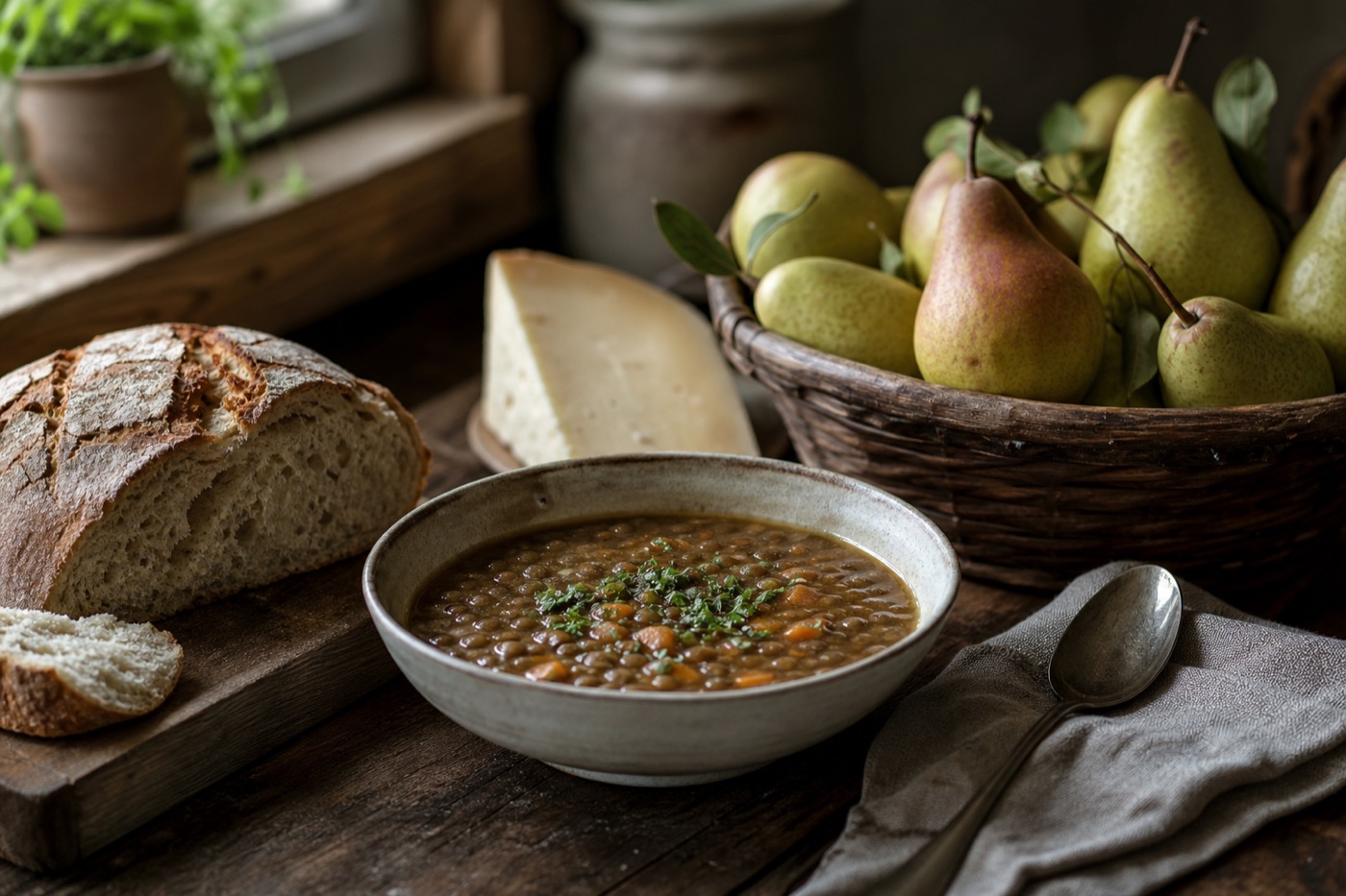 A rustic kitchen table with a loaf of bread, a bowl of lentil soup, a wedge of cheese and a basket of pears