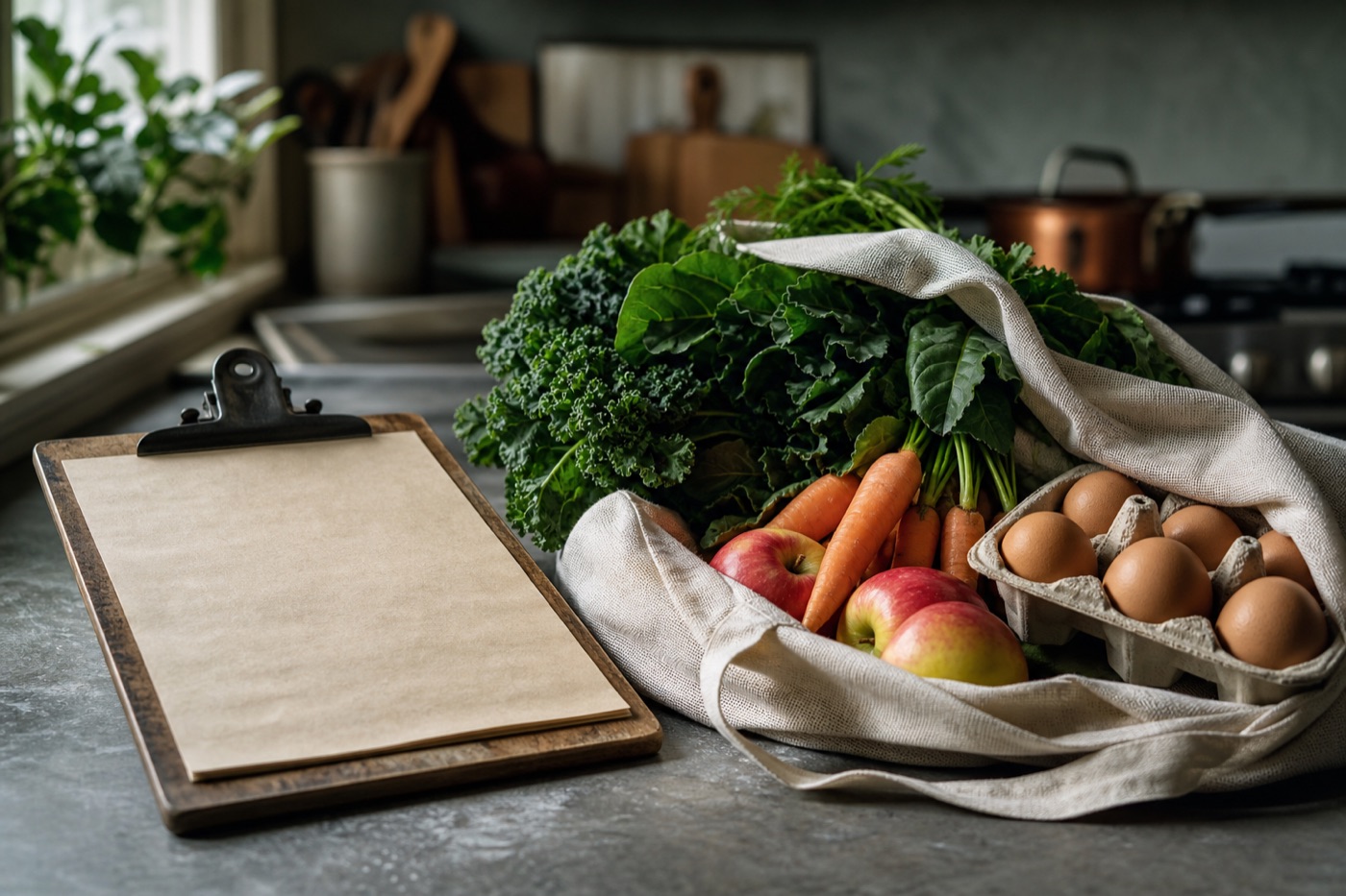 A paper grocery list on a clipboard on a kitchen counter next to a reusable cloth bag spilling over with leafy greens, carrots, apples and a carton of eggs