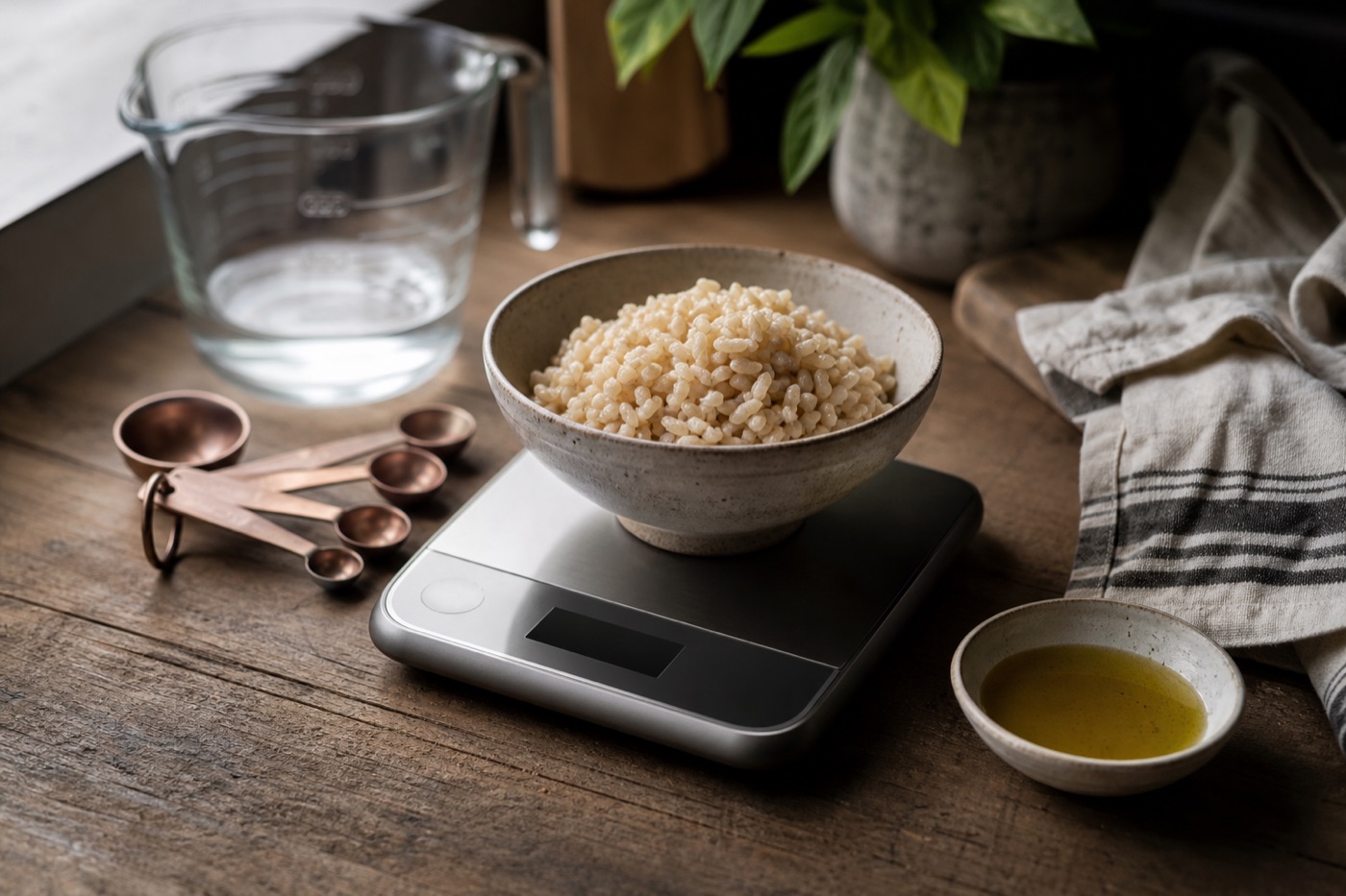 A digital kitchen scale weighing a portion of cooked brown rice in a bowl, next to measuring spoons, a measuring cup and a small dish of olive oil