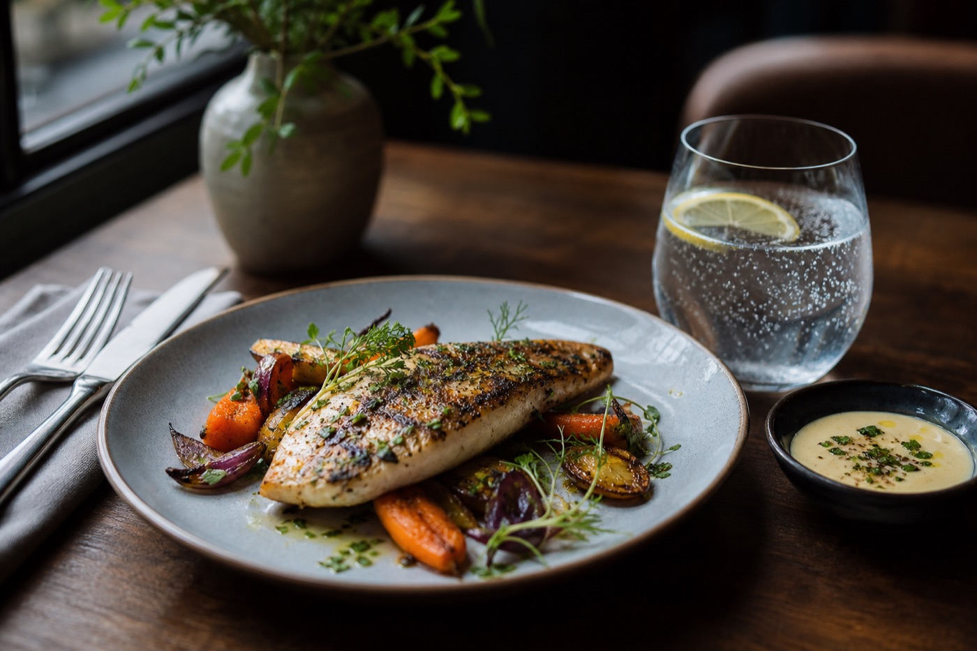A restaurant table with a plate of grilled fish, a side of roasted vegetables, a small dish of sauce on the side and a glass of sparkling water with lemon