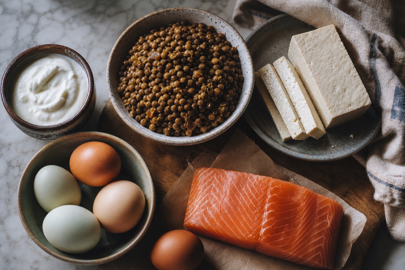 An overhead spread of protein-rich foods on a kitchen counter: a bowl of cooked lentils, eggs, a block of tofu, a fillet of salmon and a tub of plain yogurt