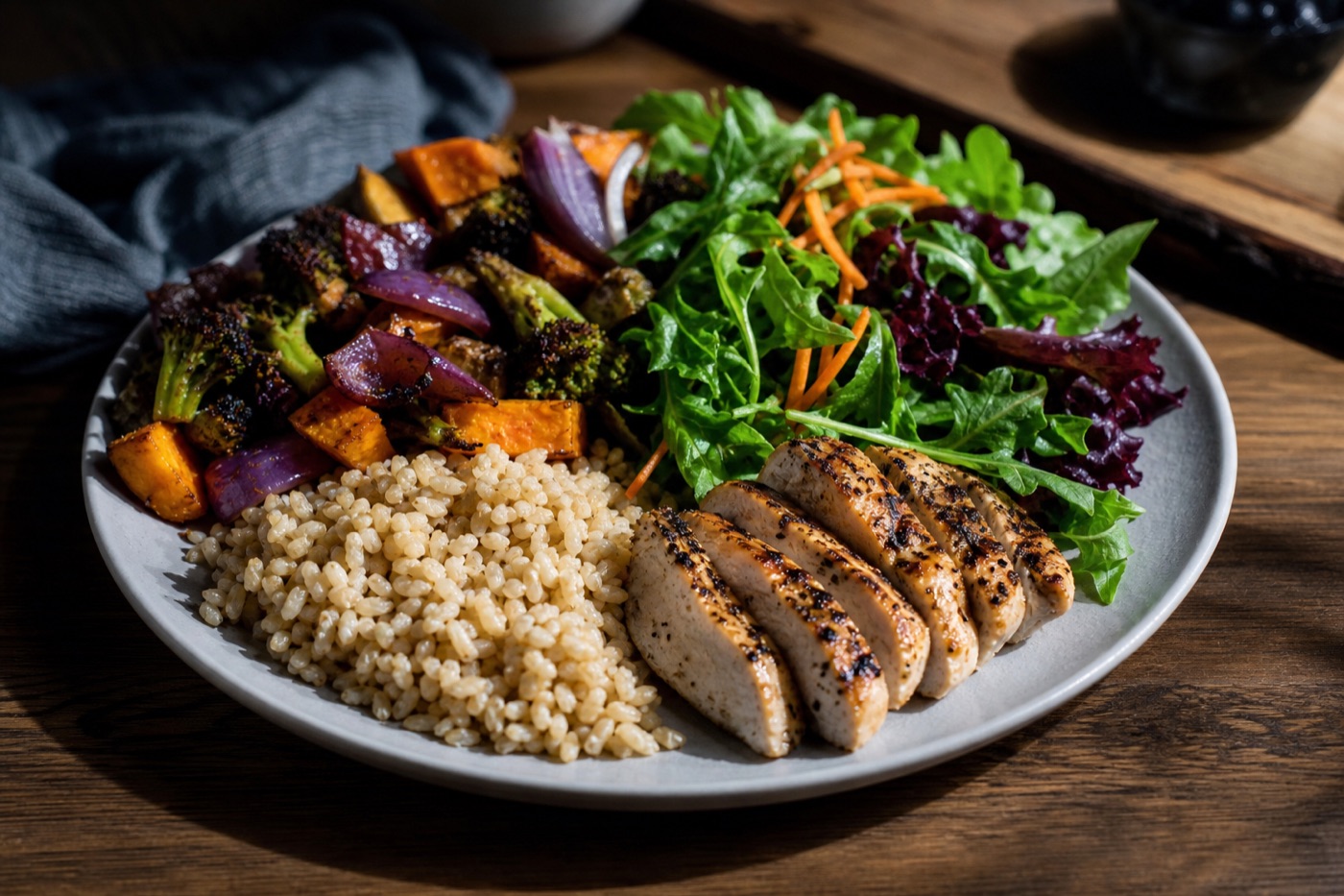 A dinner plate divided into half roasted vegetables and salad greens, a quarter brown rice and a quarter grilled chicken, on a kitchen table
