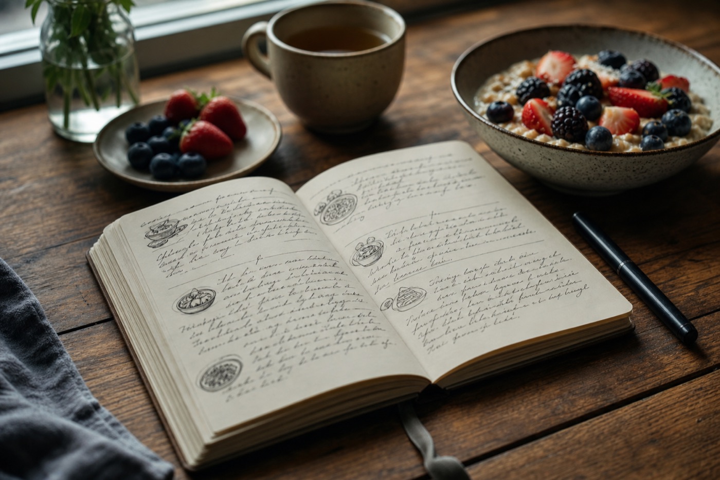 An open paper food journal with handwritten meal notes on a wooden table beside a pen, a cup of tea and a bowl of oatmeal topped with berries