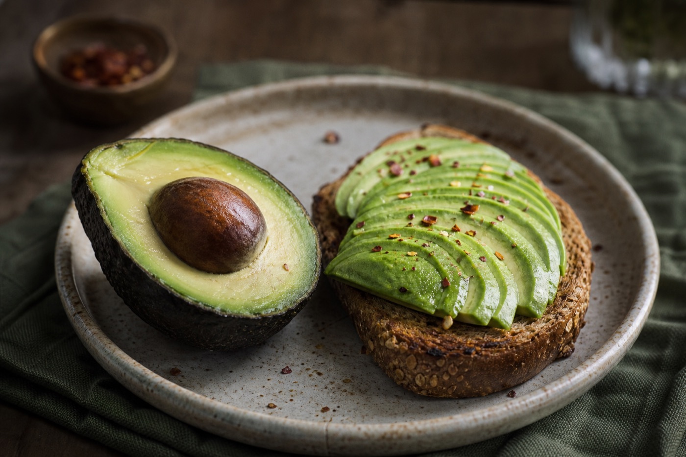 A halved ripe avocado with its pit, next to thin avocado slices fanned over a slice of toasted whole-grain bread with chili flakes