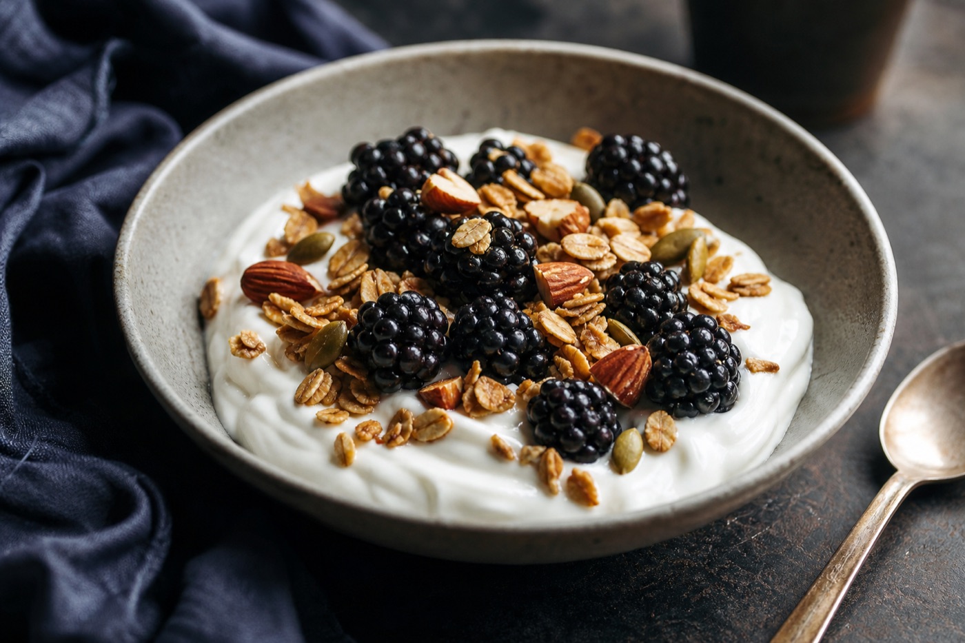 A small handful of golden oat granola with almonds and pumpkin seeds scattered over a bowl of plain yogurt and fresh blackberries