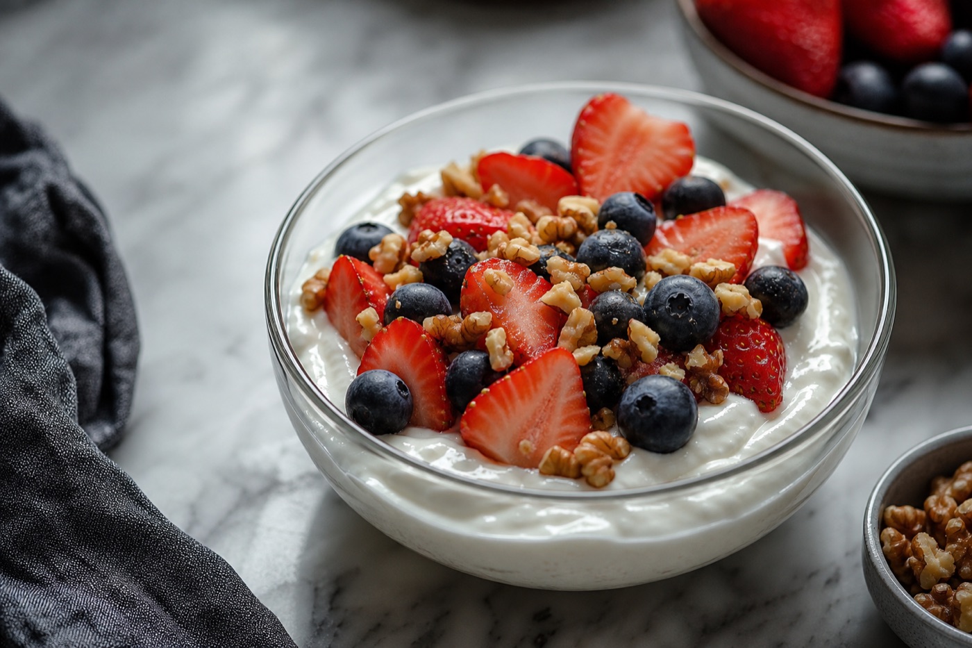 A glass bowl of thick plain Greek yogurt topped with blueberries, sliced strawberries and a scattering of chopped walnuts on a marble counter