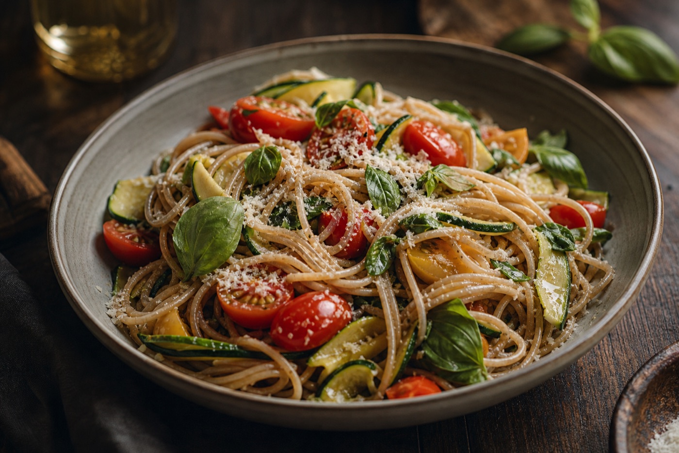 A shallow bowl of whole-wheat spaghetti tossed with cherry tomatoes, zucchini ribbons, basil leaves and a light dusting of grated hard cheese