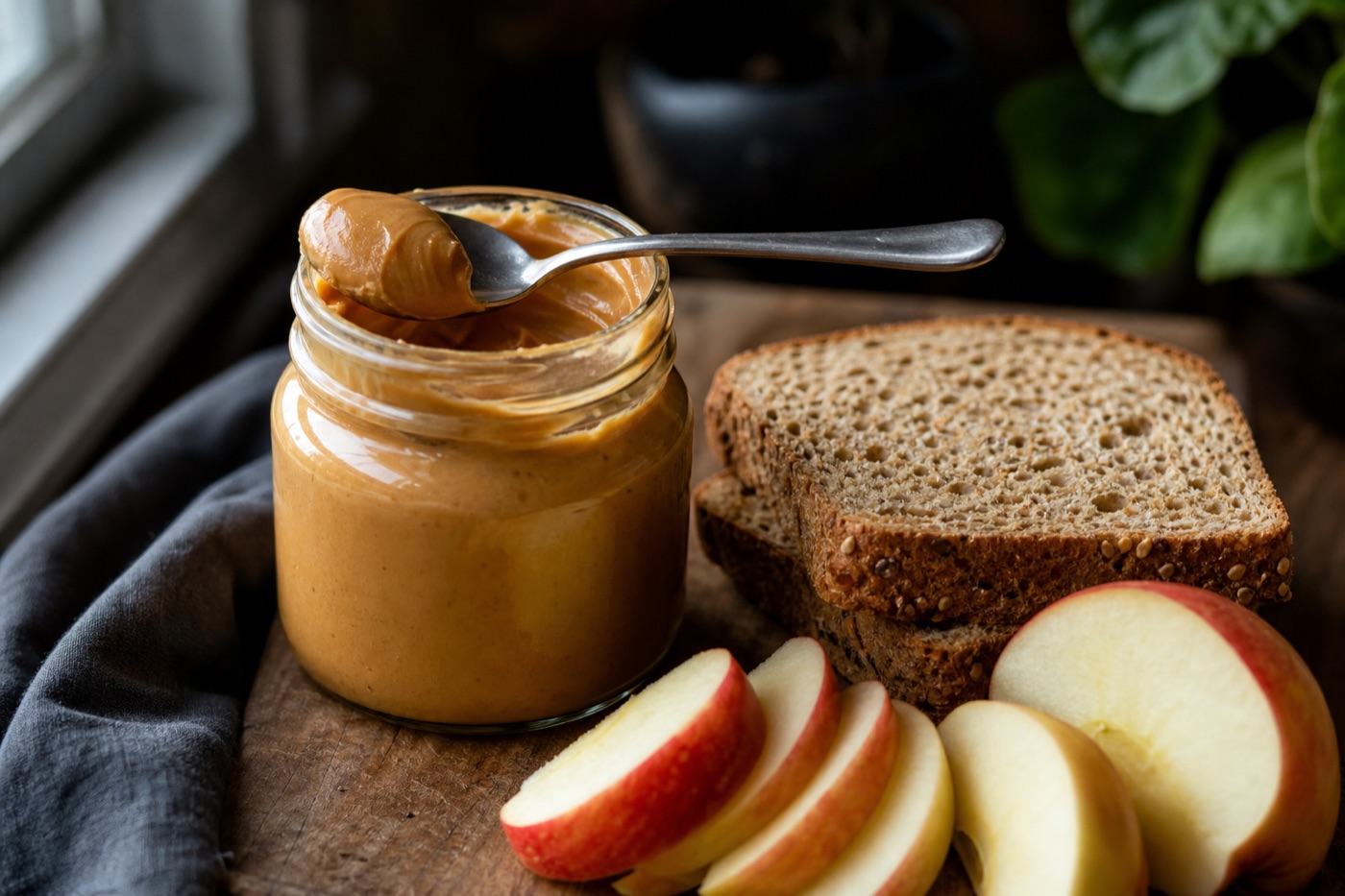 An open glass jar of smooth peanut butter with a spoon resting on top, beside whole-grain toast and sliced apple on a wooden board