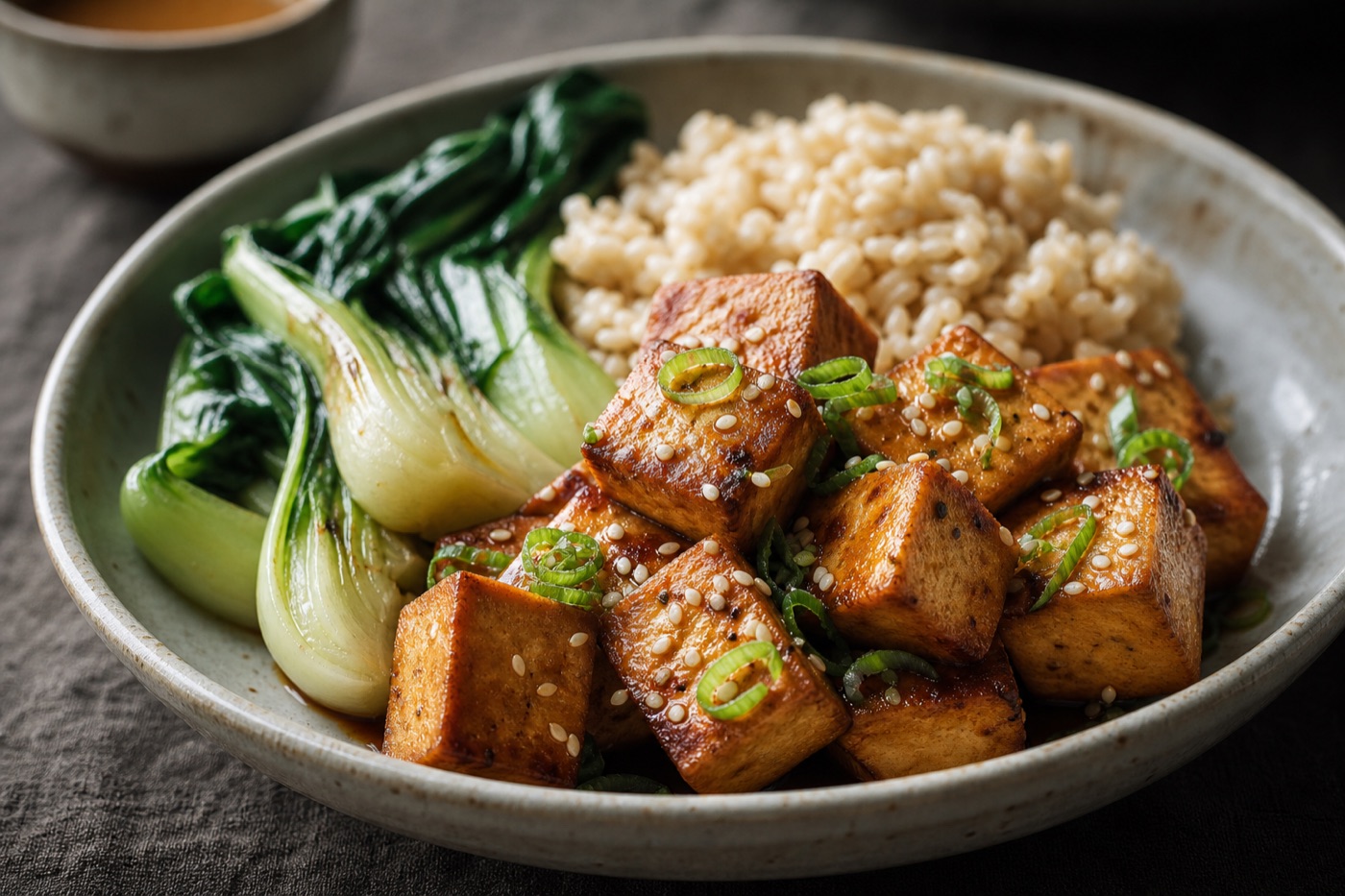 Golden pan-fried cubes of firm tofu with sesame seeds and sliced scallions in a bowl with steamed bok choy and brown rice